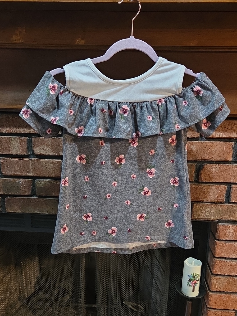 One Step Up Gray Floral Off-Shoulder Ruffle Top